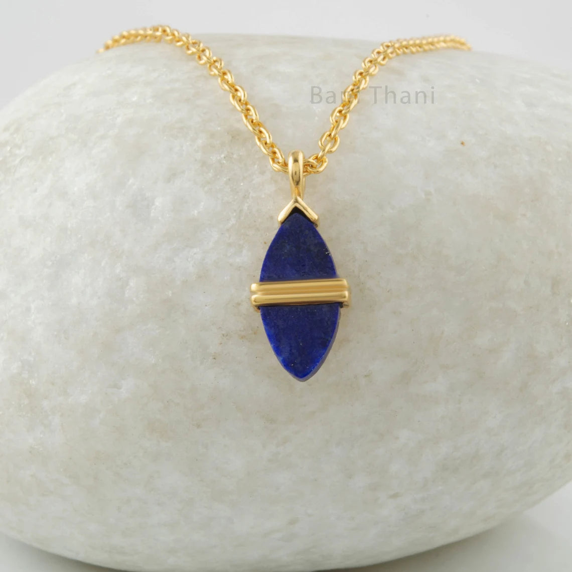 Lapis Lazuli 7x15mm Marquise Gemstone Necklace, 925 Silver Gold Plated Necklace, Anniversary Gift Necklace, Vintage Necklace Jewelry For Mom