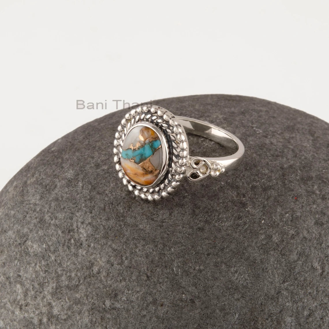 Oyster Copper Turquoise Ring - Pure 925 Silver - Handcrafted Boho Ring - Gemstone Ring - Gift for Old Women - Jewelry for Mom - Prong Ring