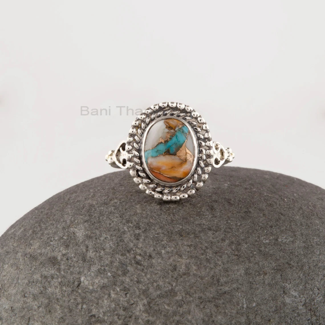 Oyster Copper Turquoise Ring - Pure 925 Silver - Handcrafted Boho Ring - Gemstone Ring - Gift for Old Women - Jewelry for Mom - Prong Ring