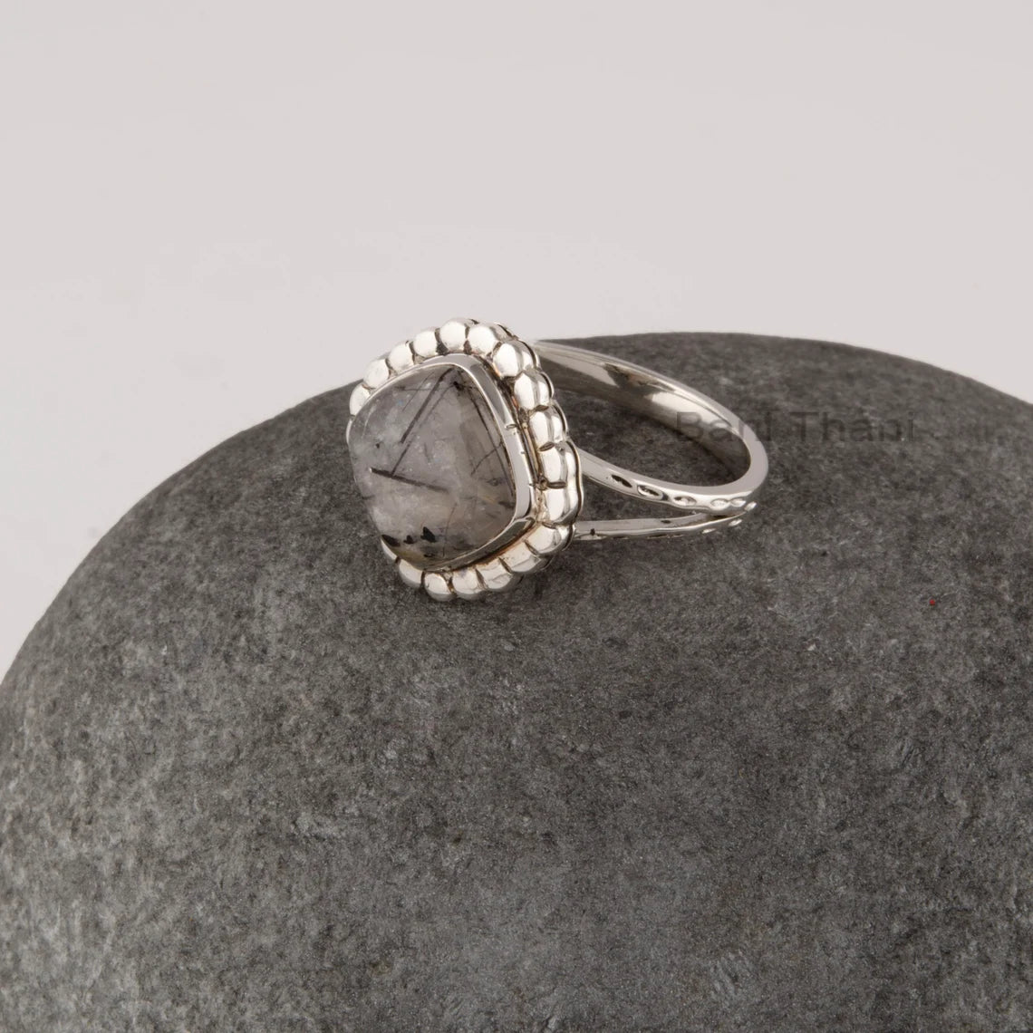 Black Rutile Ring - Solid 925 Silver Gemstone Ring- Bezel Boho Ring - Rutile Gemstone Ring for Women - Vintage Jewelry For Birthday Gift