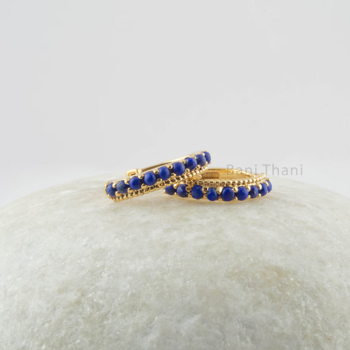 Beautiful Hoop Earrings, Lapis Lazuli Gemstone Silver Earrings , 18k Gold Plated Prong Set Earrings, Anniversary Gift For Wife