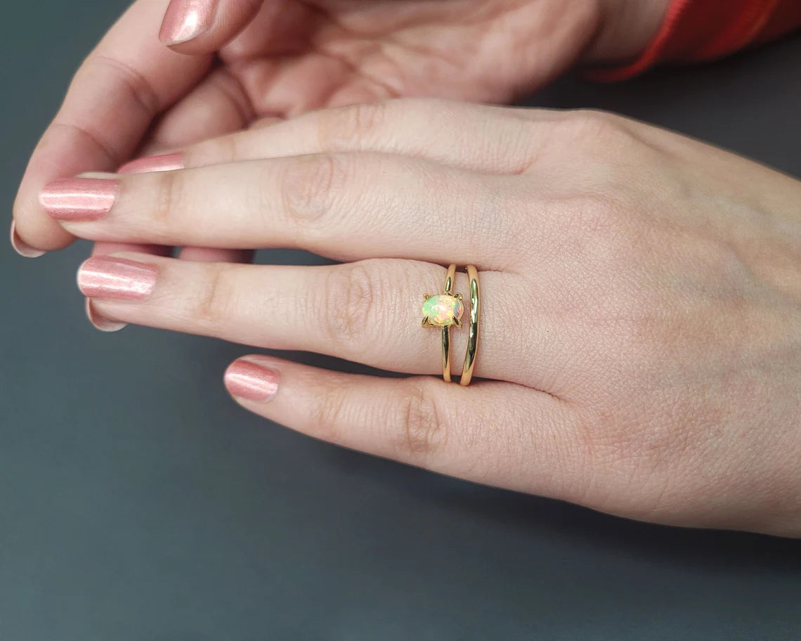 October Birthstone Ring - Natural Ethiopian Opal Ring - Sterling Silver Oval Gemstone Ring - 18k Gold Prong Ring - Engagement Rings For Her