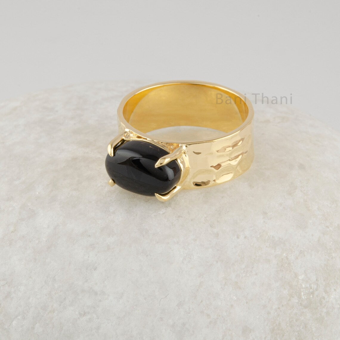 Black Onyx Band Ring - Pure Silver - Handcrafted Gemstone Ring - 18k Gold Plated Prong Set Trendy Jewelry For Artist - Gift For Women