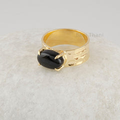 Black Onyx Band Ring - Pure Silver - Handcrafted Gemstone Ring - 18k Gold Plated Prong Set Trendy Jewelry For Artist - Gift For Women