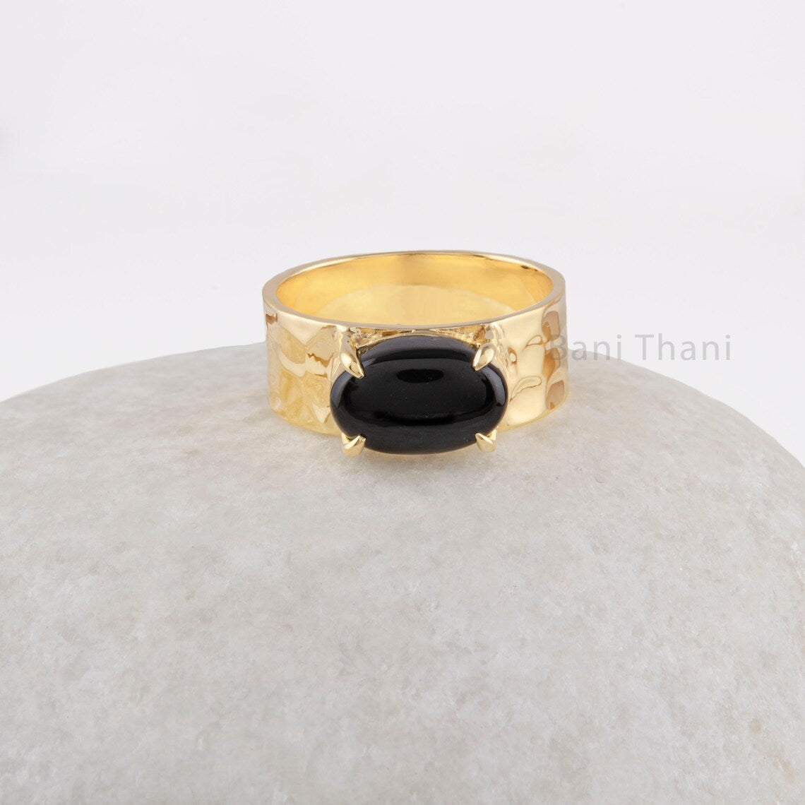 Black Onyx Band Ring - Pure Silver - Handcrafted Gemstone Ring - 18k Gold Plated Prong Set Trendy Jewelry For Artist - Gift For Women