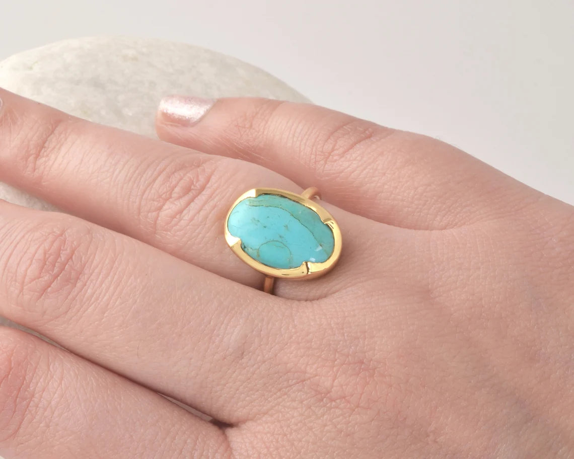 Turquoise Oval Ring, Arizona Turquoise 10x16mm Oval Shape Gemstone Silver Ring, 18k Gold Plated Birthstone Ring, Anniversary Gift For Wife