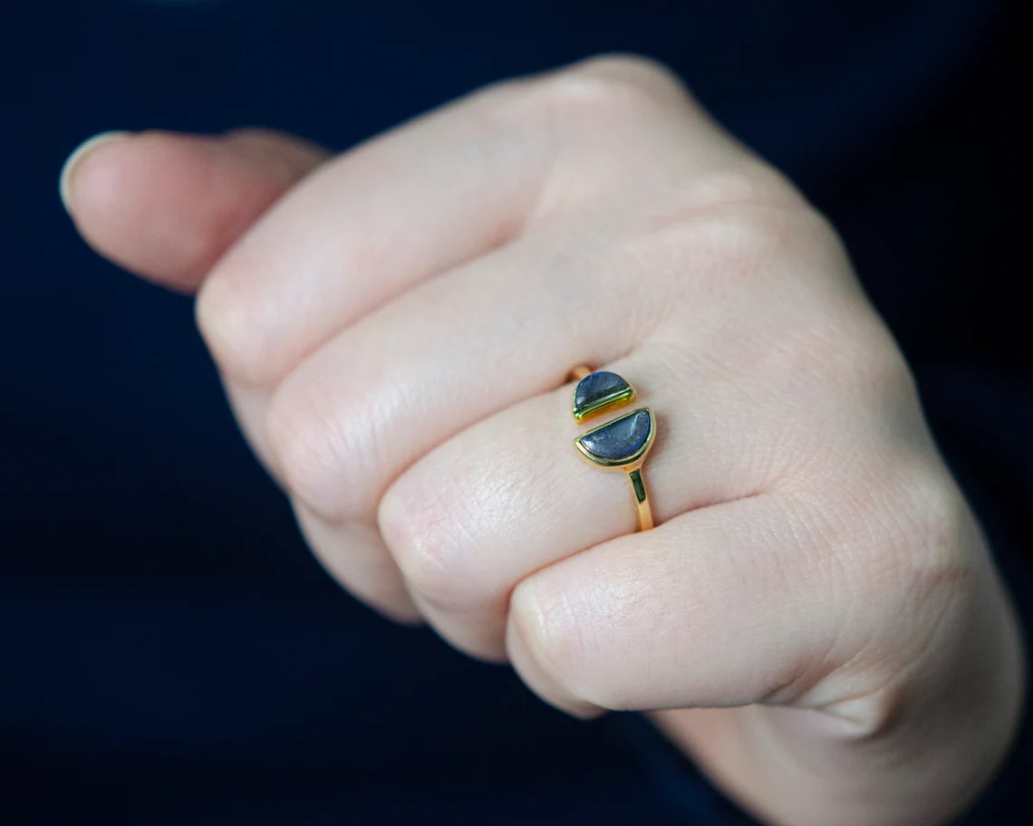 Labradorite Silver Ring, Halfmoon Multi Gemstone 925 Sterling Silver Gold Plated Ring, Statement Ring, Handmade Ring For Women, Gift For Her