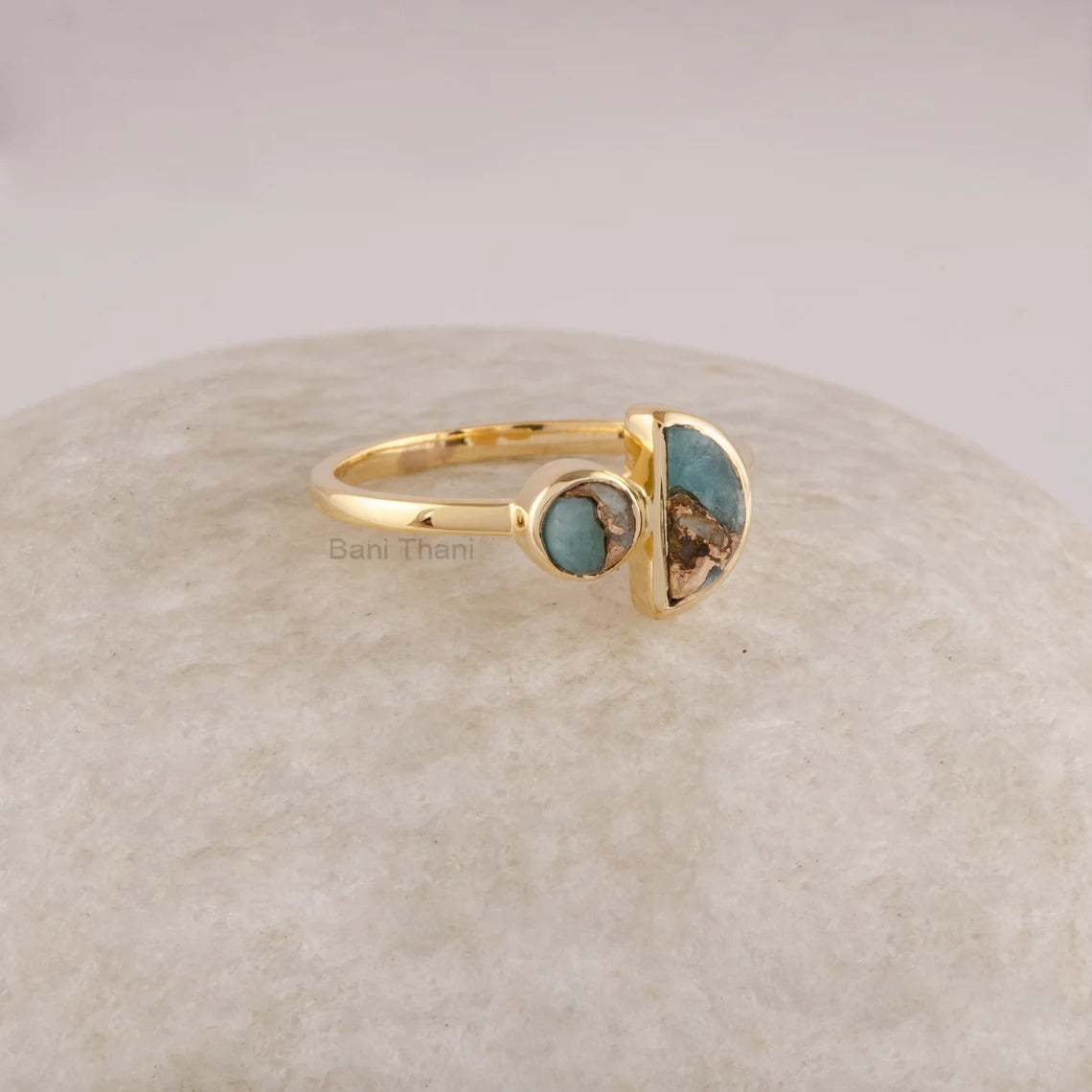 Copper Amazonite Silver Ring, 925 Sterling Silver Ring, Gold Plated Halfmoon Multi Gemstone Ring, Statement Ring, Handmade Ring For Women