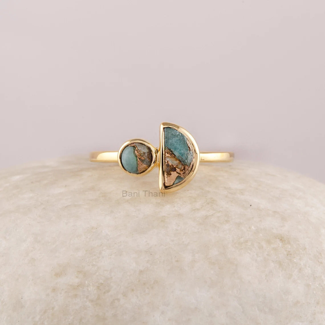 Copper Amazonite Silver Ring, 925 Sterling Silver Ring, Gold Plated Halfmoon Multi Gemstone Ring, Statement Ring, Handmade Ring For Women