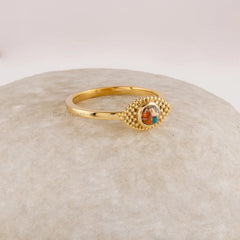 Evil Eye Marquise Shape Ring, Oyster Copper Turquoise 4mm Round Gemstone Ring, 925 Sterling Silver Ring, 18k Gold Plated Blue Gemstone Ring