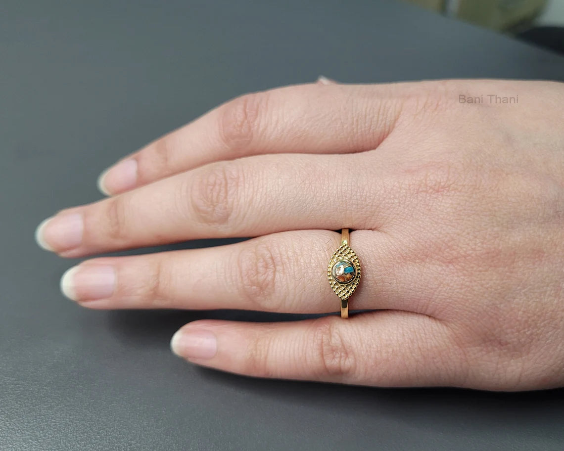 Evil Eye Marquise Shape Ring, Oyster Copper Turquoise 4mm Round Gemstone Ring, 925 Sterling Silver Ring, 18k Gold Plated Blue Gemstone Ring