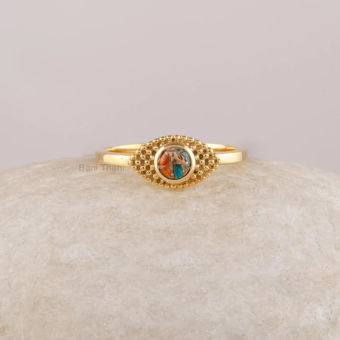 Evil Eye Marquise Shape Ring, Oyster Copper Turquoise 4mm Round Gemstone Ring, 925 Sterling Silver Ring, 18k Gold Plated Blue Gemstone Ring