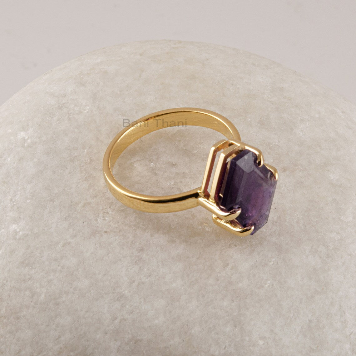 Amethyst Gemstone Ring, Equiangular Hexagon Silver Ring, Gold Plated 925 Sterling Silver Ring, Statement Ring For Women