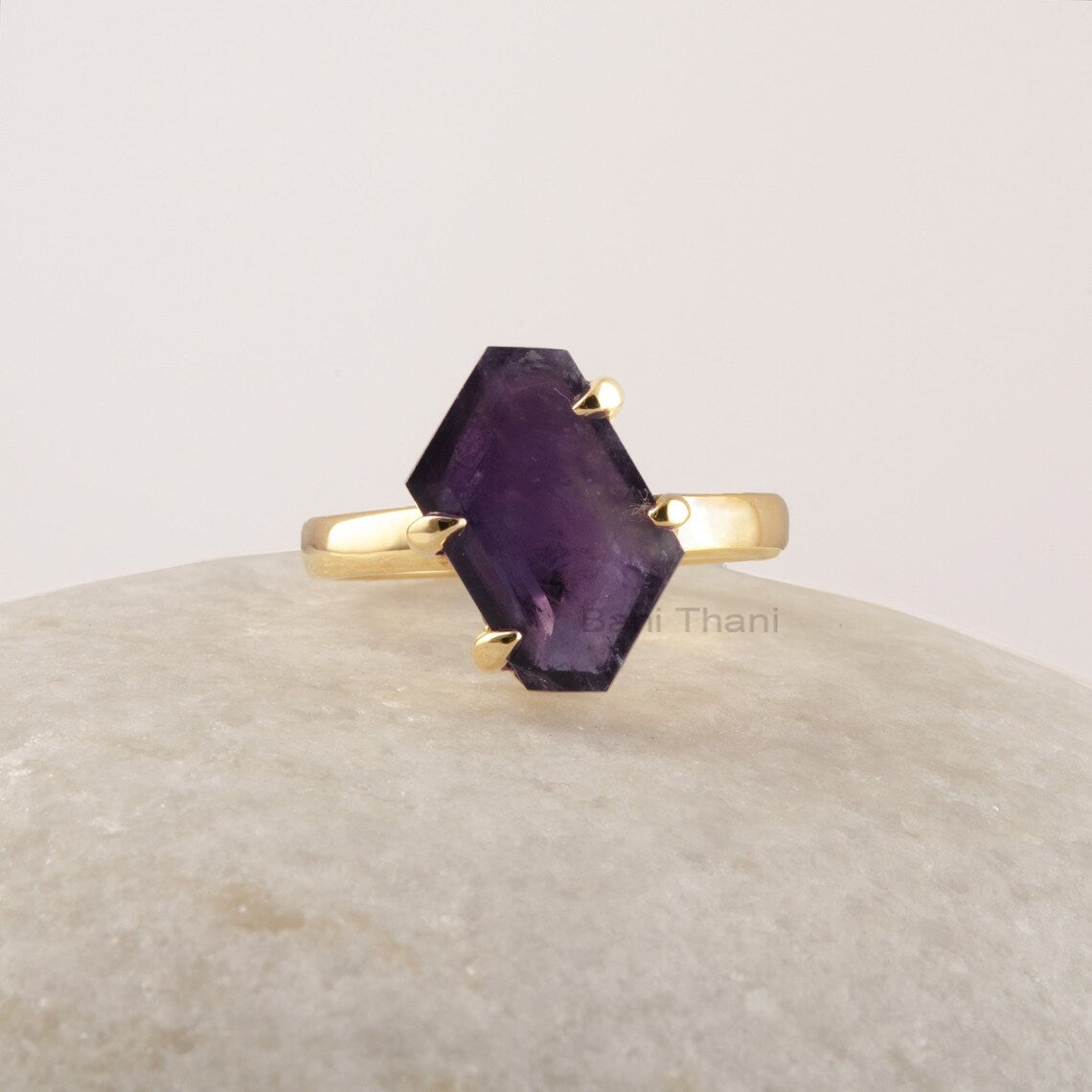 Amethyst Gemstone Ring, Equiangular Hexagon Silver Ring, Gold Plated 925 Sterling Silver Ring, Statement Ring For Women