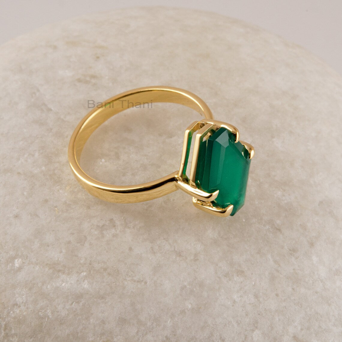 Beautiful Green Onyx Gemstone Ring, Equiangular Hexagon Silver Ring, Solid 18k Gold Plated Silver Ring, Minimalist Rings For Women