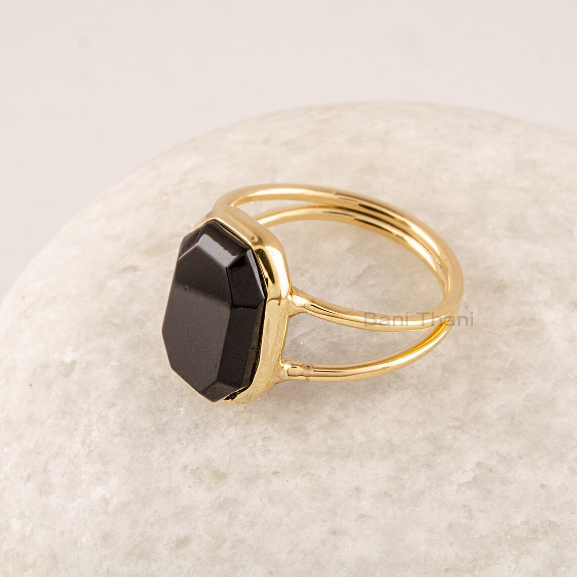 Black Onyx Gemstone Silver Ring, Minimalist Hexagon Ring For Women, 18k Gold Plated Solid Sterling Silver Ring, Statement Ring Jewelry