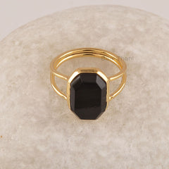 Black Onyx Gemstone Silver Ring, Minimalist Hexagon Ring For Women, 18k Gold Plated Solid Sterling Silver Ring, Statement Ring Jewelry