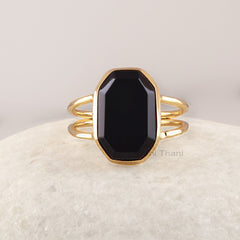 Black Onyx Gemstone Silver Ring, Minimalist Hexagon Ring For Women, 18k Gold Plated Solid Sterling Silver Ring, Statement Ring Jewelry