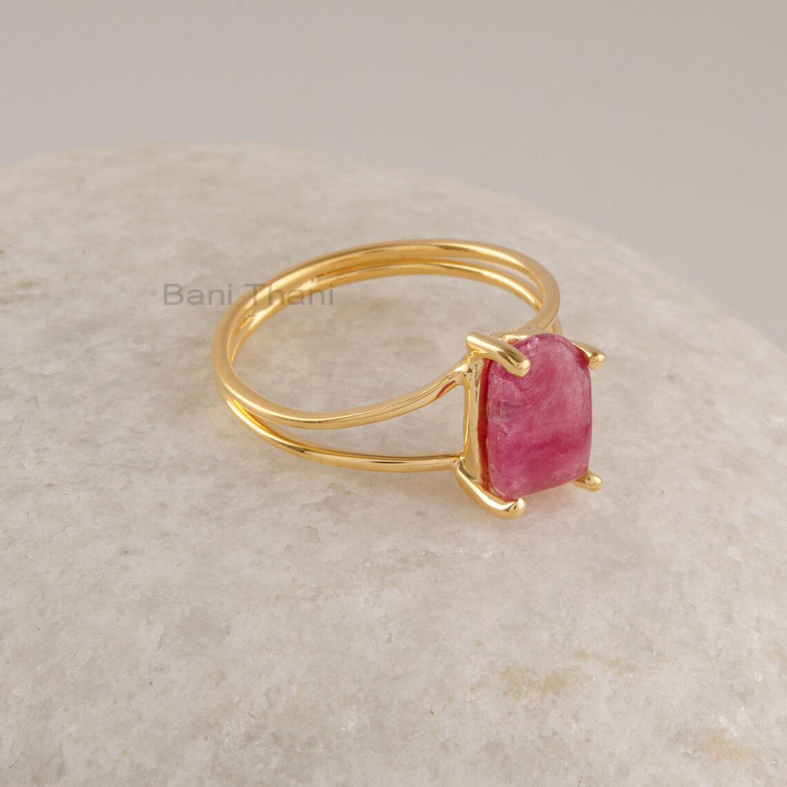 Natural Pink Tourmaline Ring, Sterling Silver Rings - Gift For Women - 18k Gold Plated Ring - Duo Band Thin Ring - Natural Gemstone Ring