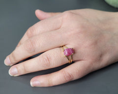 Natural Pink Tourmaline Ring, Sterling Silver Rings - Gift For Women - 18k Gold Plated Ring - Duo Band Thin Ring - Natural Gemstone Ring