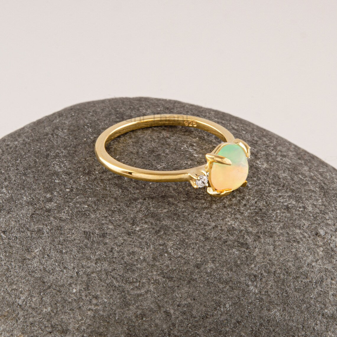 Ethiopian Opal Ring, 7 mm Round Gemstone Ring, Crystal Zircon Gold Plated 925 Sterling Silver Ring, Handmade Dainty Ring