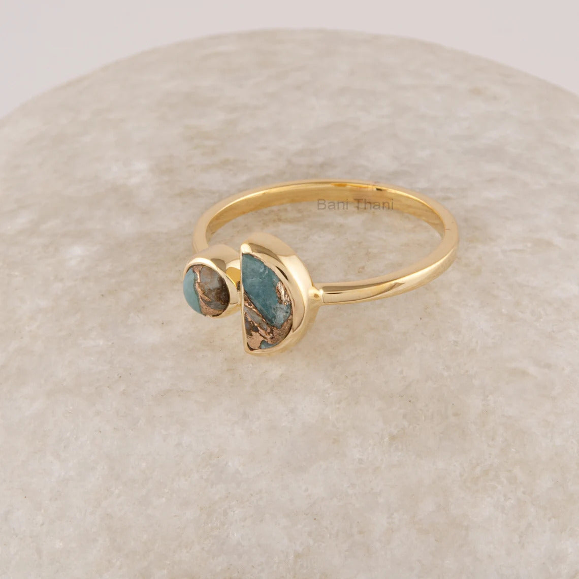 Copper Amazonite Silver Ring, 925 Sterling Silver Ring, Gold Plated Halfmoon Multi Gemstone Ring, Statement Ring, Handmade Ring For Women