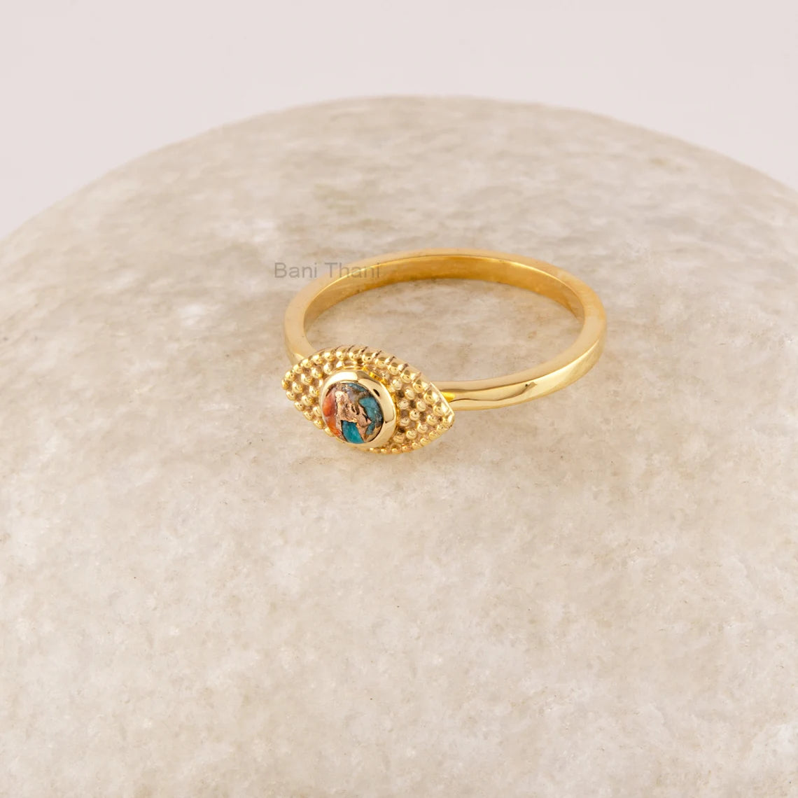 Evil Eye Marquise Shape Ring, Oyster Copper Turquoise 4mm Round Gemstone Ring, 925 Sterling Silver Ring, 18k Gold Plated Blue Gemstone Ring