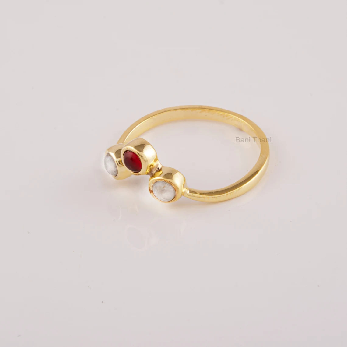 V Shape Ring, 3 mm Round Shape Three Gemstone Gold Plated Solid Silver Ring, Red Garnet & Moonstone Statement Ring For Women, Gift For Her