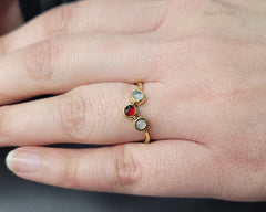 V Shape Ring, 3 mm Round Shape Three Gemstone Gold Plated Solid Silver Ring, Red Garnet & Moonstone Statement Ring For Women, Gift For Her