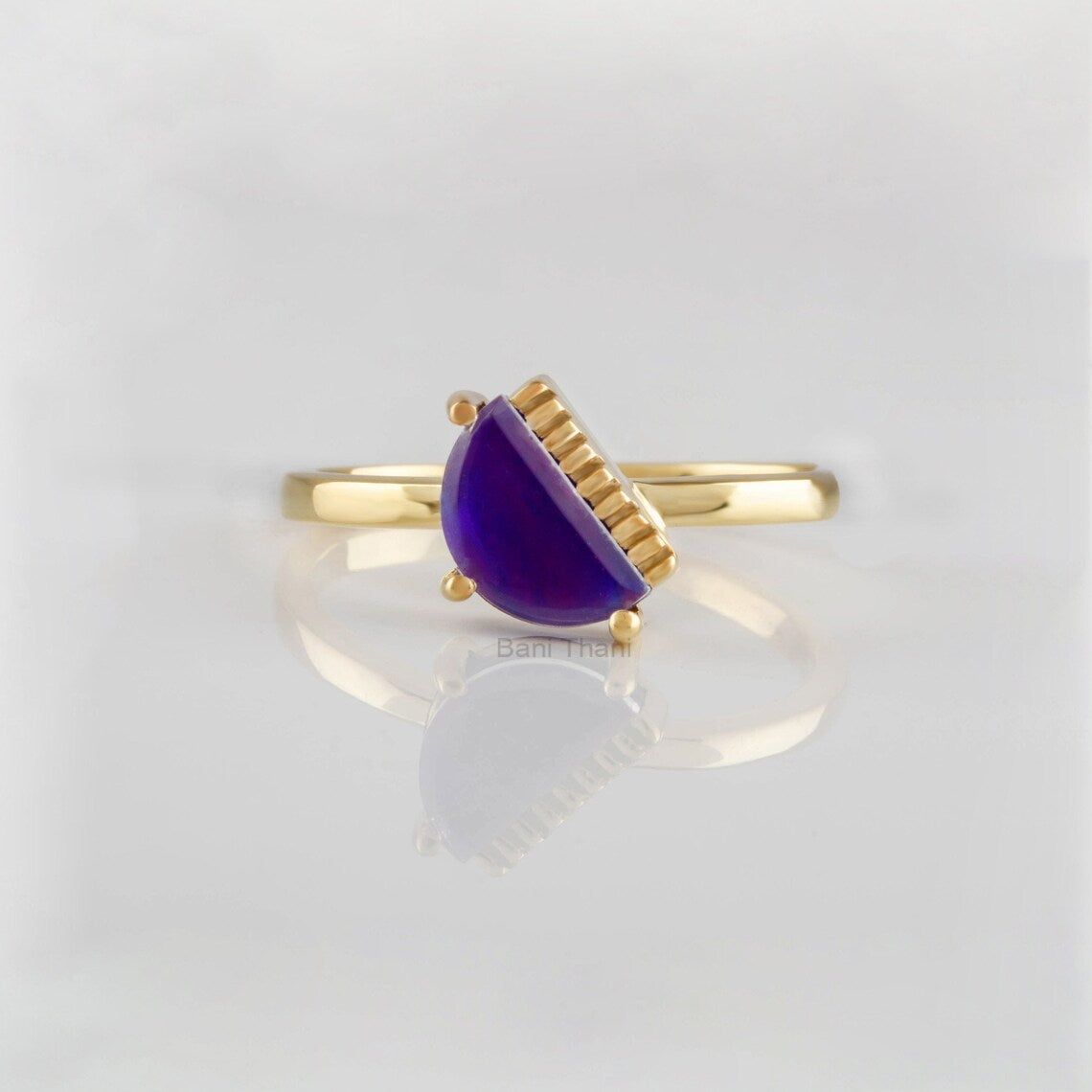 Purple Aurora Opal Halfmoon Gemstone Ring, Gold Plated 925 Sterling Silver Dainty Ring, Valentines Day Gift For Girl, Minimalist Women Ring