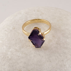 Amethyst Gemstone Ring, Equiangular Hexagon Silver Ring, Gold Plated 925 Sterling Silver Ring, Statement Ring For Women