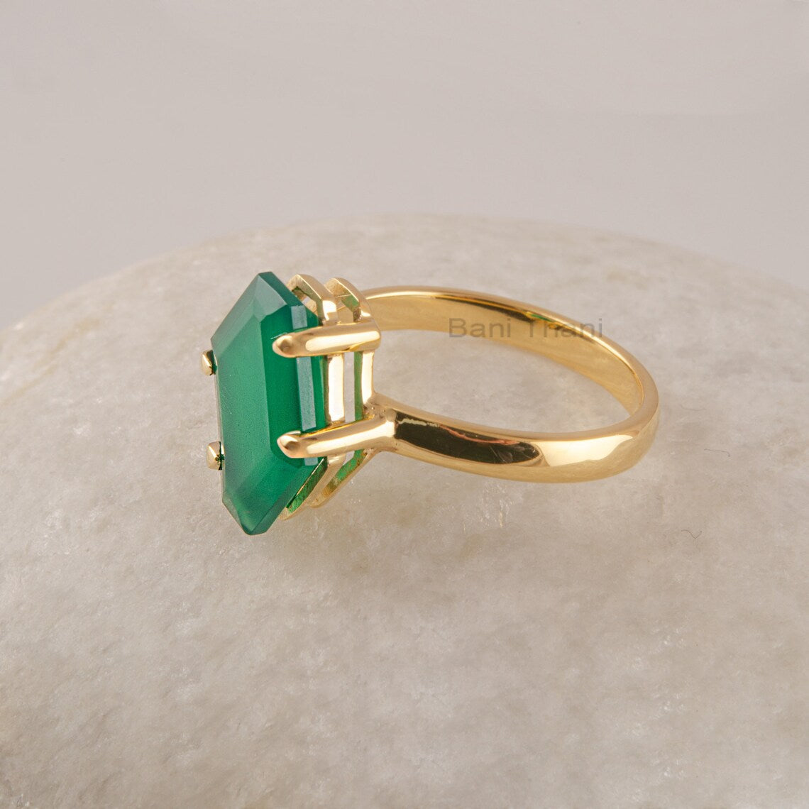 Beautiful Green Onyx Gemstone Ring, Equiangular Hexagon Silver Ring, Solid 18k Gold Plated Silver Ring, Minimalist Rings For Women