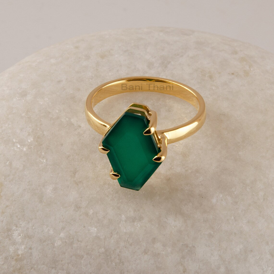 Beautiful Green Onyx Gemstone Ring, Equiangular Hexagon Silver Ring, Solid 18k Gold Plated Silver Ring, Minimalist Rings For Women