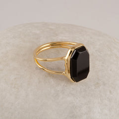 Black Onyx Gemstone Silver Ring, Minimalist Hexagon Ring For Women, 18k Gold Plated Solid Sterling Silver Ring, Statement Ring Jewelry