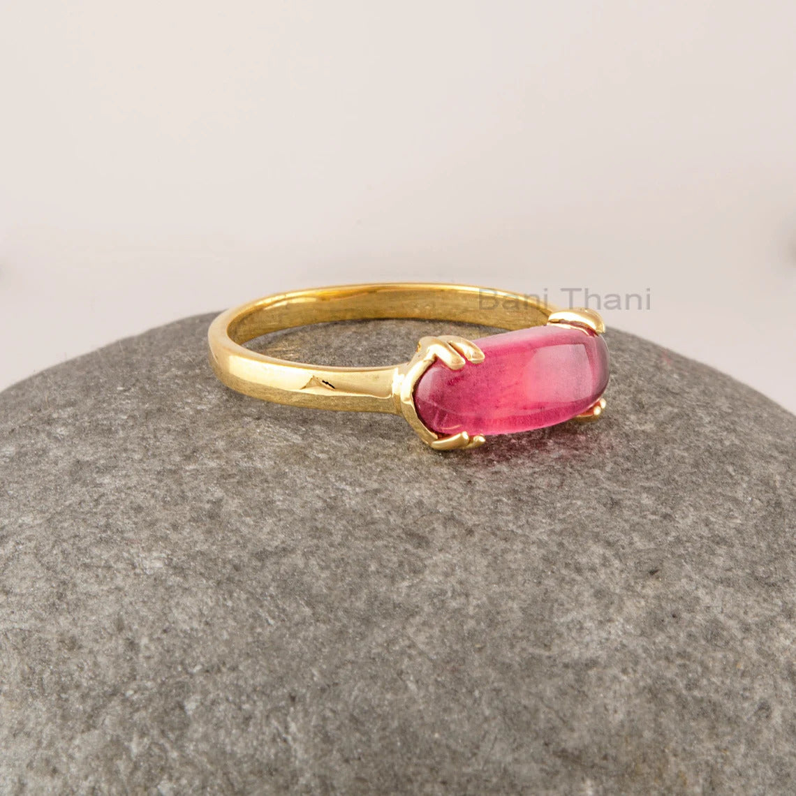 Pink Tourmaline Ring, 13x5mm Oval Shape Curved Gemstone Ring, Double Prong Minimalist Ring, Gold Plated Solid Silver Ring