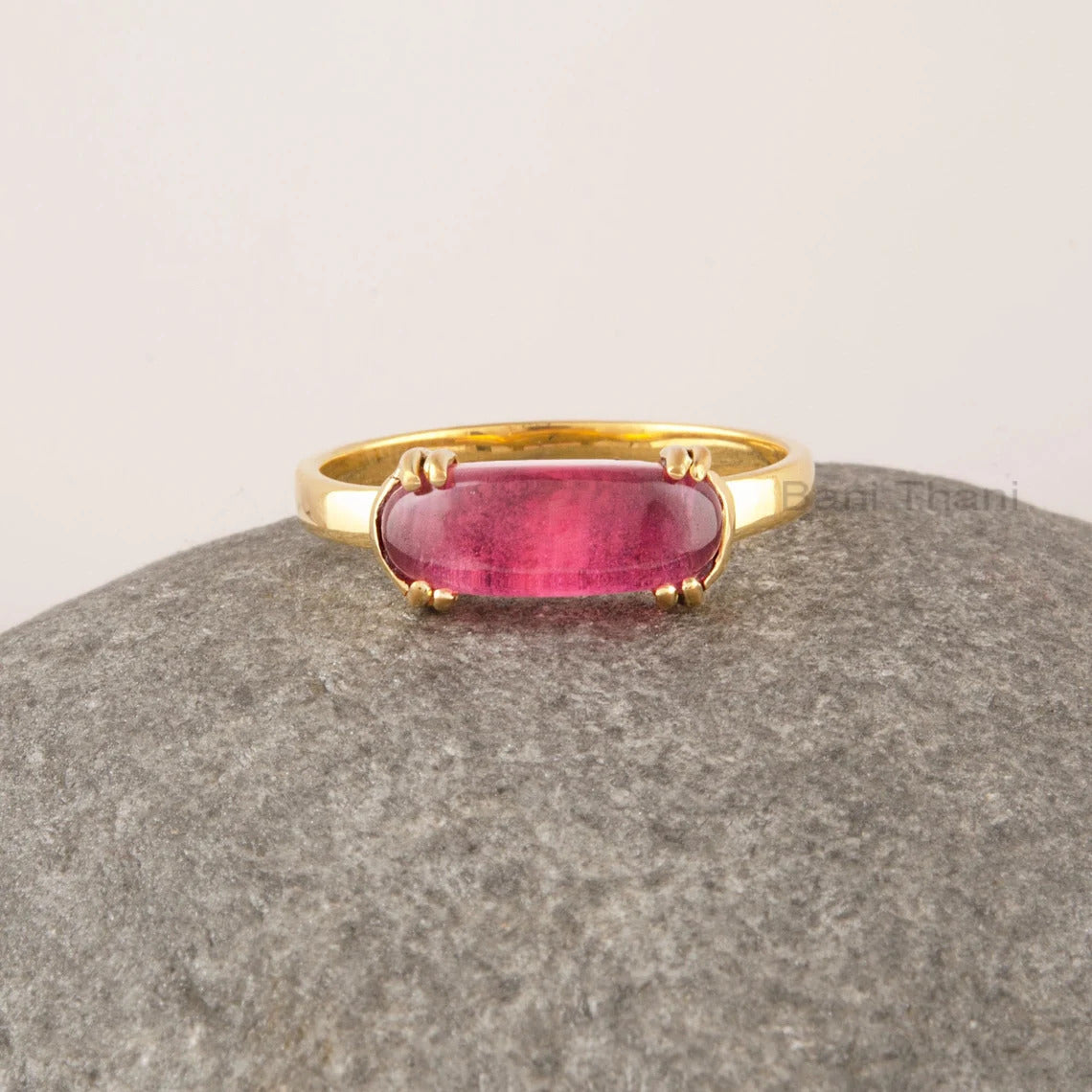 Pink Tourmaline Ring, 13x5mm Oval Shape Curved Gemstone Ring, Double Prong Minimalist Ring, Gold Plated Solid Silver Ring