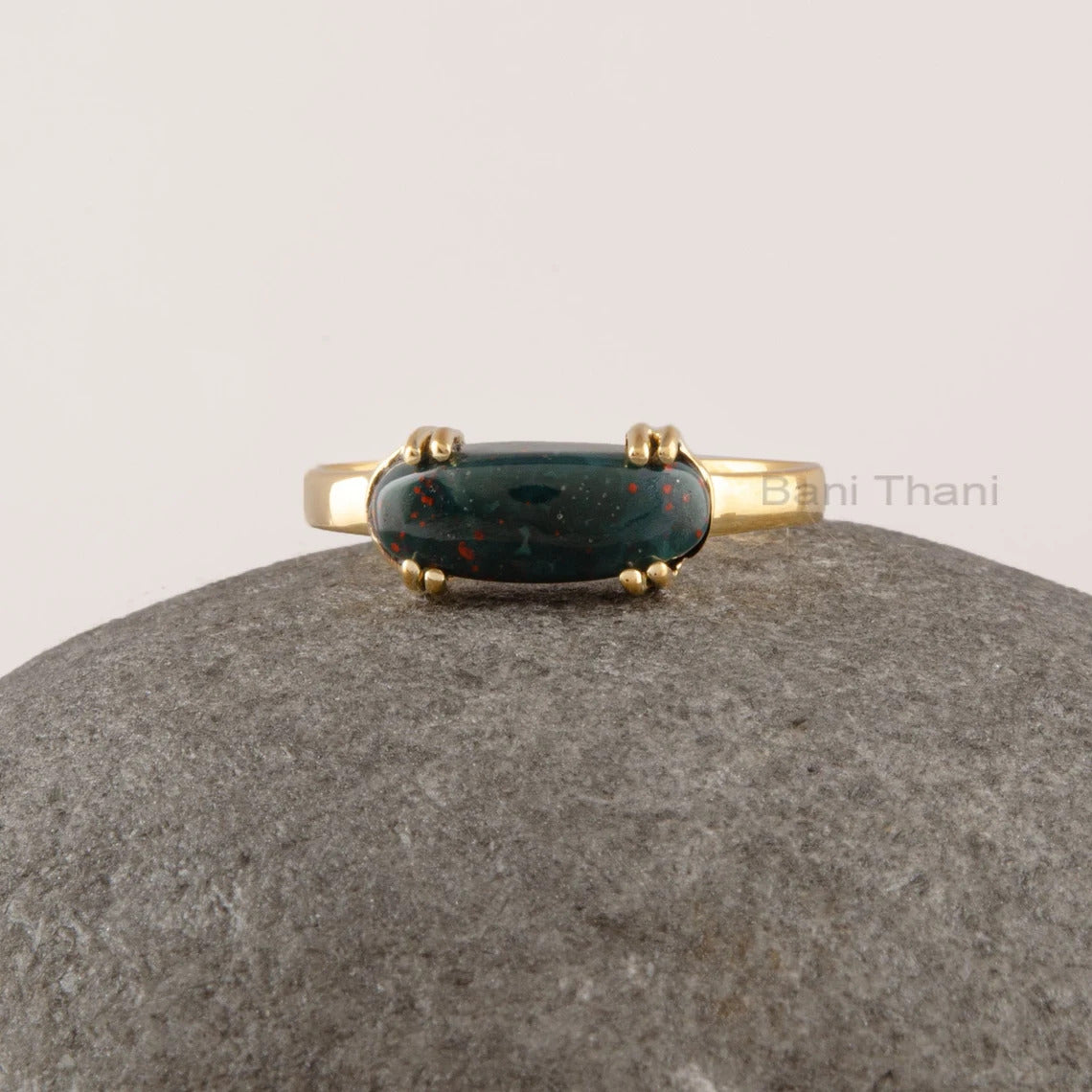 Bloodstone Ring, 13x5mm Long Oval Shape Double Prong Gemstone Ring, Minimalist Curved Ring, Gold Plated 925 Sterling Silver Rings, Handmade Jewelry