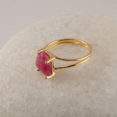 Natural Pink Tourmaline Ring, Sterling Silver Rings - Gift For Women - 18k Gold Plated Ring - Duo Band Thin Ring - Natural Gemstone Ring