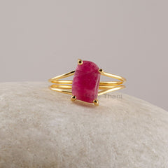 Natural Pink Tourmaline Ring, Sterling Silver Rings - Gift For Women - 18k Gold Plated Ring - Duo Band Thin Ring - Natural Gemstone Ring