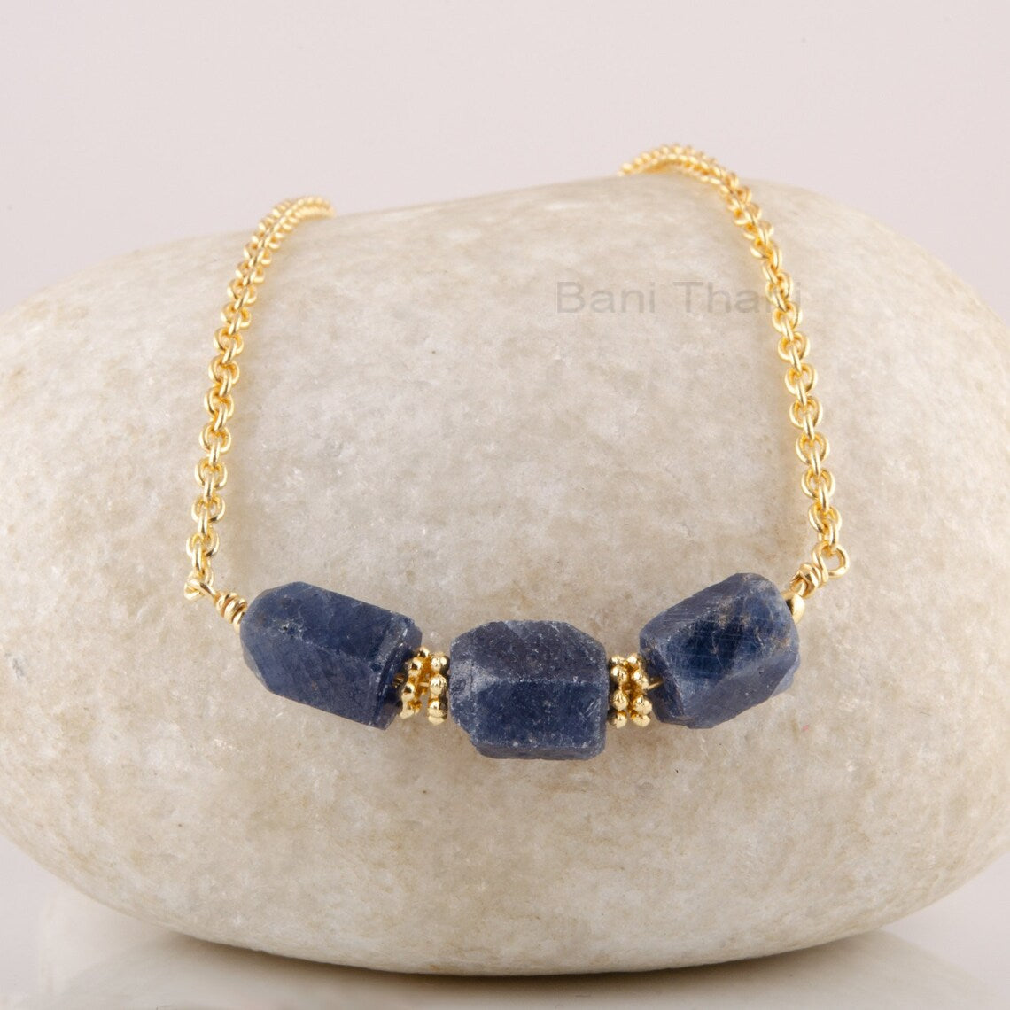 Natural Blue Sapphire Necklace, 925 Sterling Silver, Gold Plated, Pendant Chain Necklace, Raw Beaded Necklace For Girl