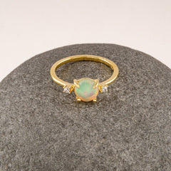 Ethiopian Opal Ring, 7 mm Round Gemstone Ring, Crystal Zircon Gold Plated 925 Sterling Silver Ring, Handmade Dainty Ring