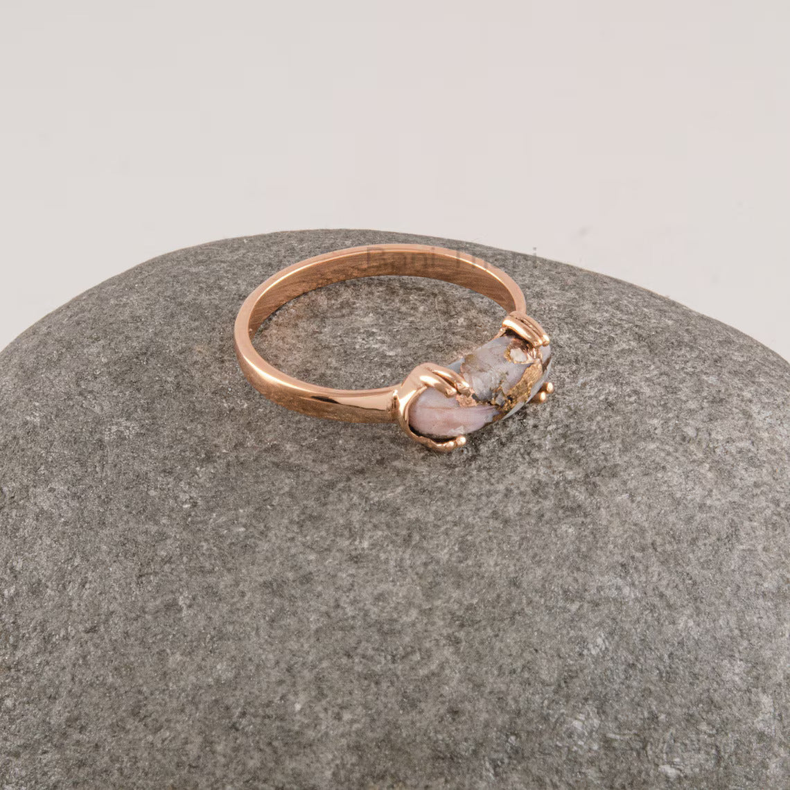 Pink Opal Ring Sterling Silver - Rose Gold Plated - Minimalist Ring for Valentine's - Double Prong Ring - Oval Copper Gemstone Ring