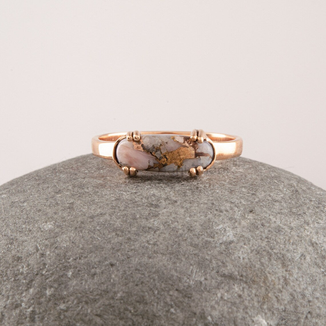 Pink Opal Ring Sterling Silver - Rose Gold Plated - Minimalist Ring for Valentine's - Double Prong Ring - Oval Copper Gemstone Ring