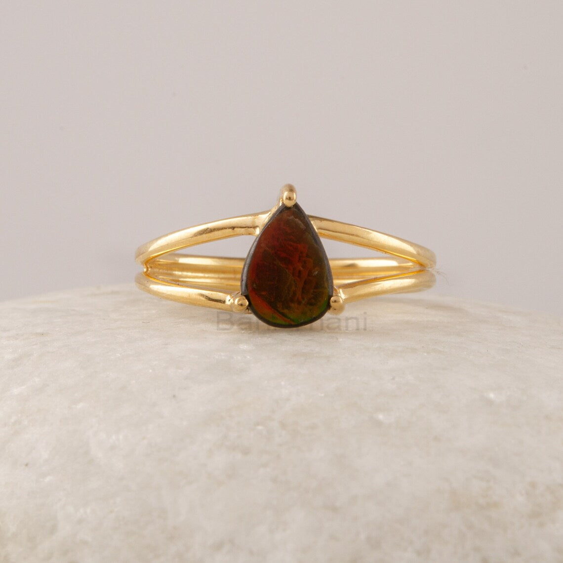 Ammolite Ring, Solid Sterling Silver Gold Plated Gemstone Ring, Pear Shape Multi Color Minimalist Ring Jewelry