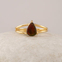 Ammolite Ring, Solid Sterling Silver Gold Plated Gemstone Ring, Pear Shape Multi Color Minimalist Ring Jewelry