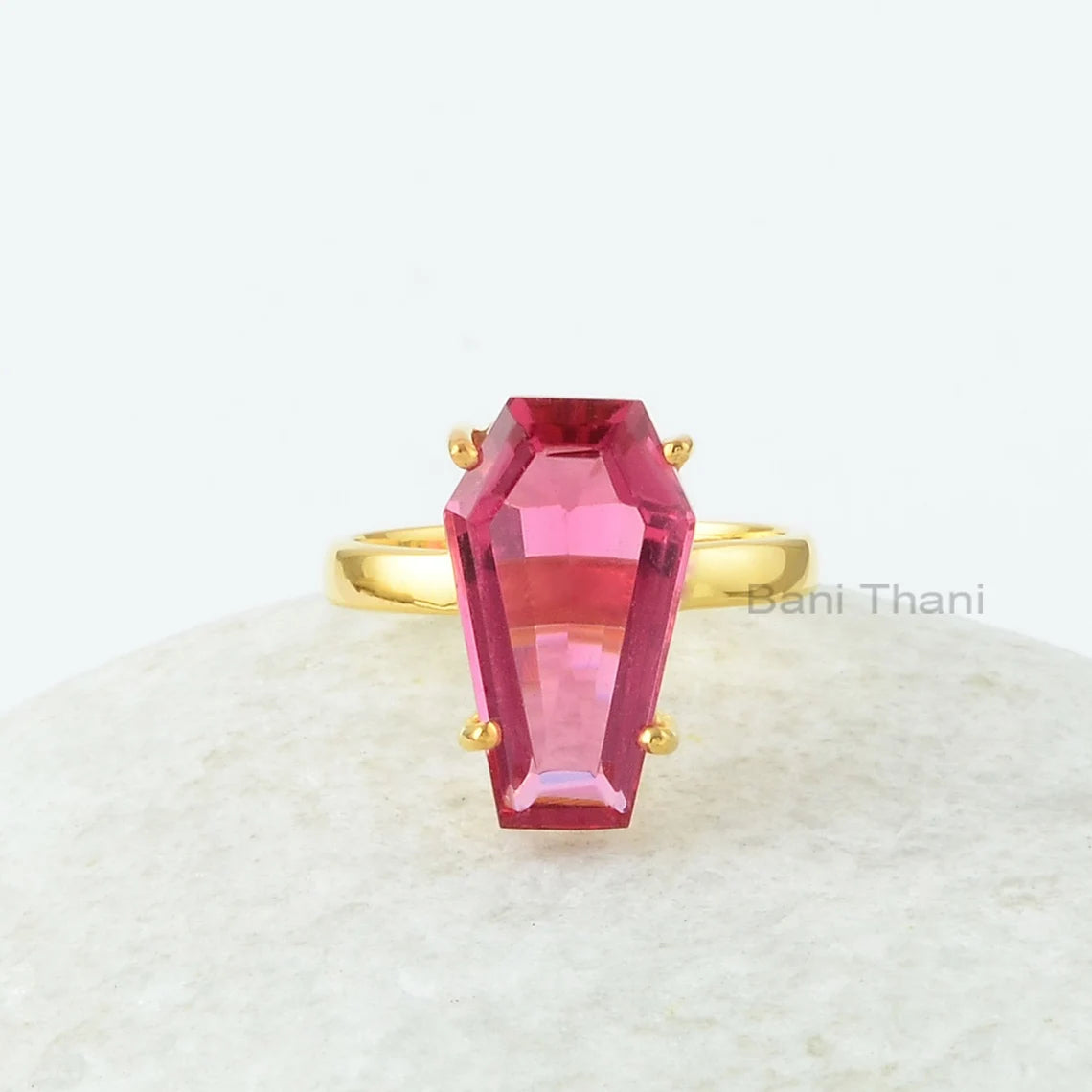 Gorgeous Coffin Ring, Pink Tourmaline Quartz 10x17 mm Coffin Gemstone Ring, Stylish Prong Ring, Gold Plated Quartz Ring, Womens Silver Ring