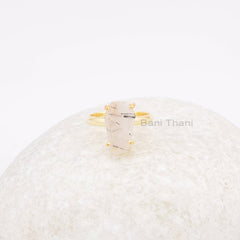 Coffin Silver Ring - Black Rutile Gemstone Ring - 925 Sterling Silver Prong Set Ring - Gold Plated Wedding Gift Ring - Birthday Gift for Her