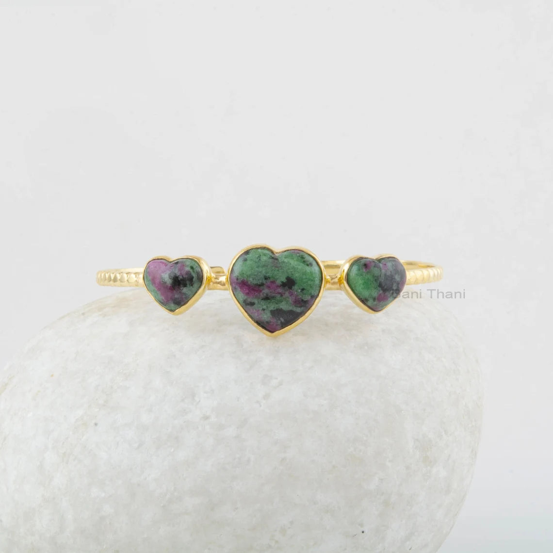 Ruby Zoisite Gemstone Bracelet - Gold Plated Bracelet - Heart Cuff Bangle - 925 Solid Silver - Gift for Birthday - Adjustable Cuff Bracelet