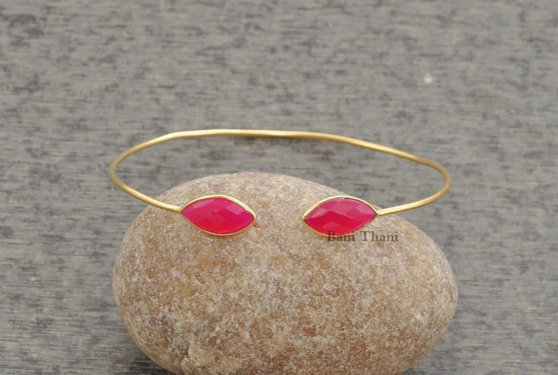 Hot Pink Chalcedony Marquise 7x15mm Micron Gold Plated Sterling Silver Bangle