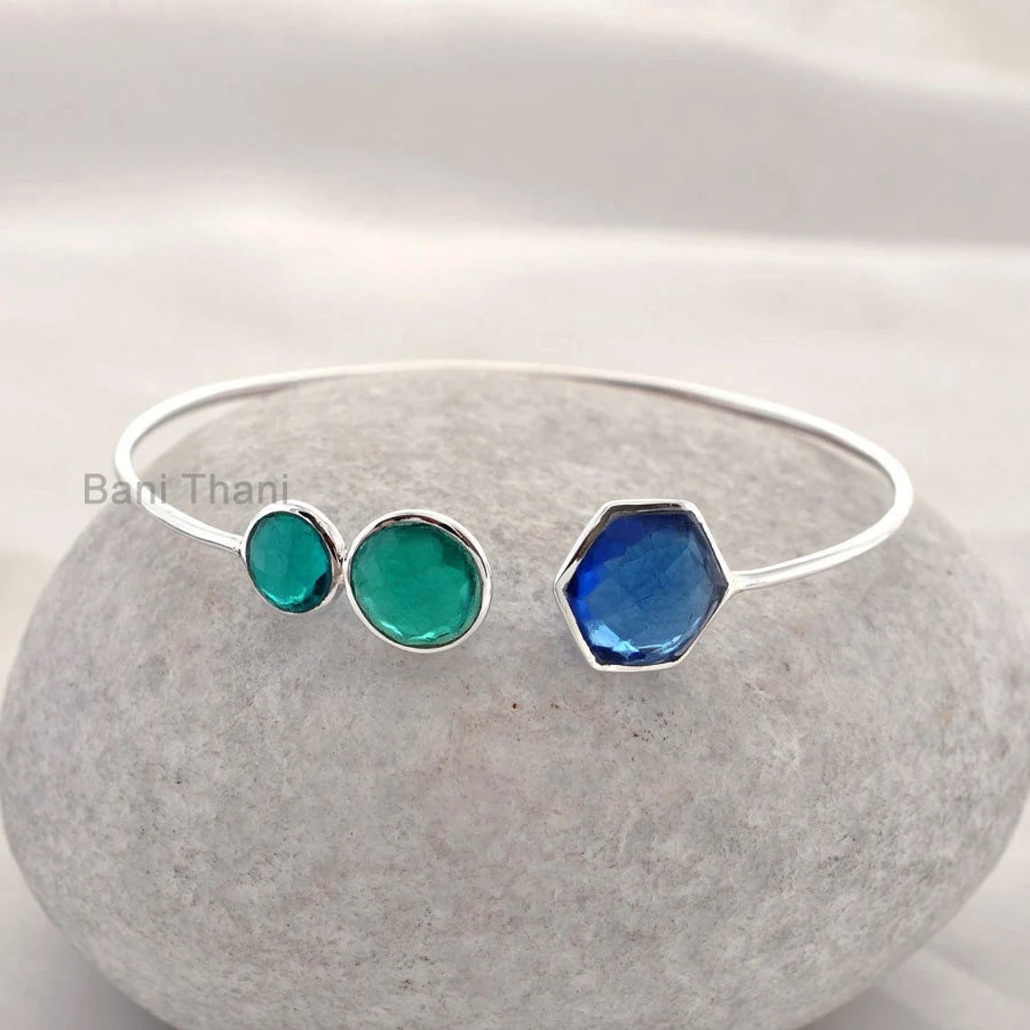 Sapphire Quartz Hexagon and Teal Quartz Round Gemstone Cuff Bangle-925 Sterling Silver Bracelet Jewelry-Christmas Gift Bangle-Gift For Women